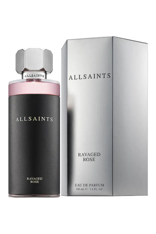AllSaints Ravaged Rose eau de parfum bottle and packaging on a white background