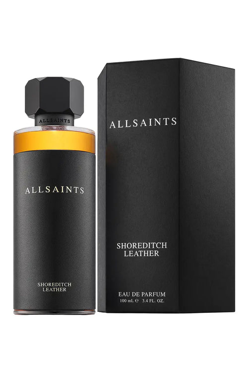 AllSaints Shoreditch Leather eau de parfum bottle and packaging on a white background