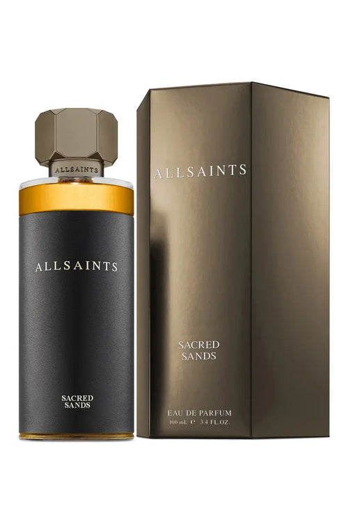 AllSaints Sacred Sands eau de parfum bottle and packaging on a white background