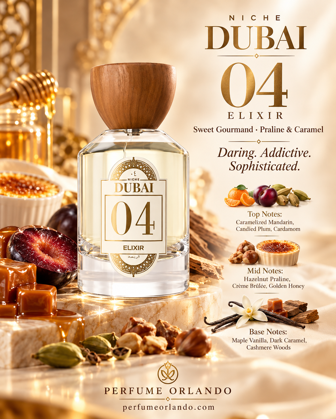 Niche Dubai 04 Elixir fragrance notes artwork showing the perfume bottle and its top, heart and base notes