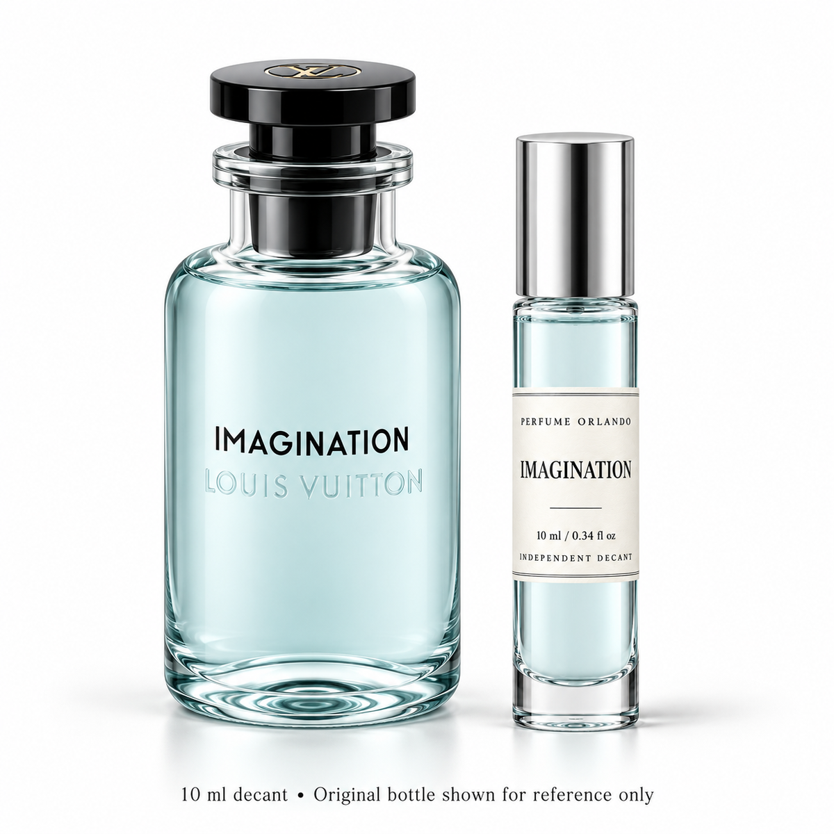 Louis Vuitton Imagination 10 ml / 0.34 fl oz decant by Perfume Orlando beside a representation of the original bottle, shown for reference only.