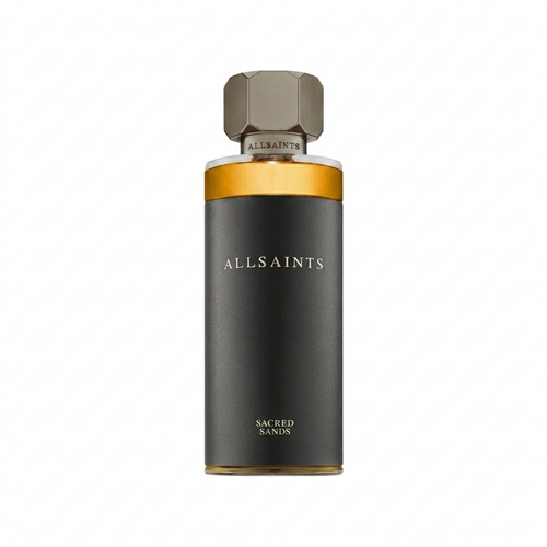 AllSaints perfume bottle with gold cap and label on a white background
