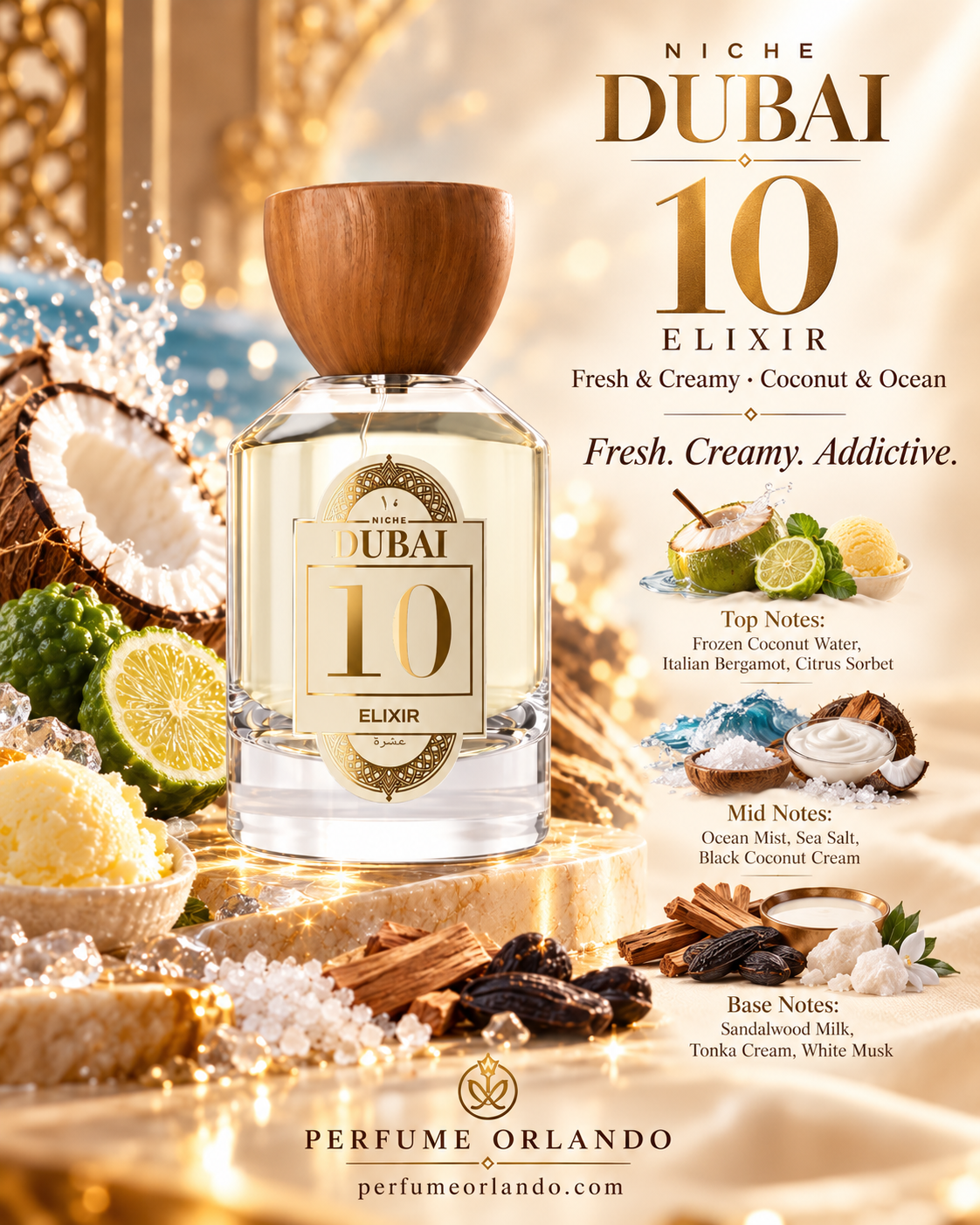 Niche Dubai 10 Elixir fragrance notes artwork showing the perfume bottle and its top, heart and base notes