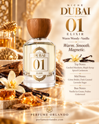 Niche Dubai 01 Elixir perfume and fragrance notes artwork featuring vanilla, caramel and warm spices