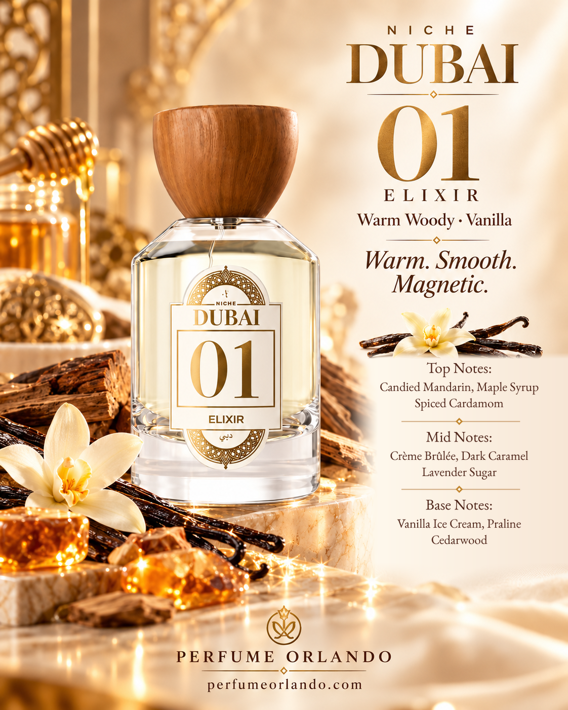 Niche Dubai 01 Elixir perfume and fragrance notes artwork featuring vanilla, caramel and warm spices