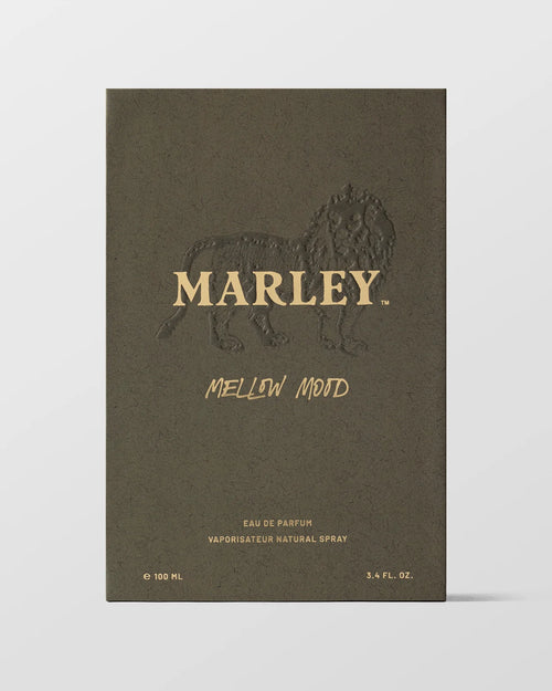 Brown packaging of Marley Mellow Mood eau de parfum with a lion illustration on a white background Bob Marley Fragrances
