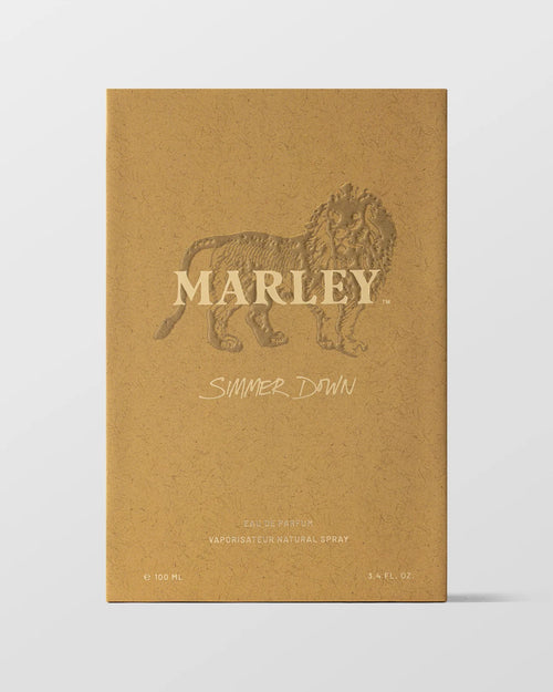 Brown package with lion graphic and 'Marley' branding on a white Simmer Down background
