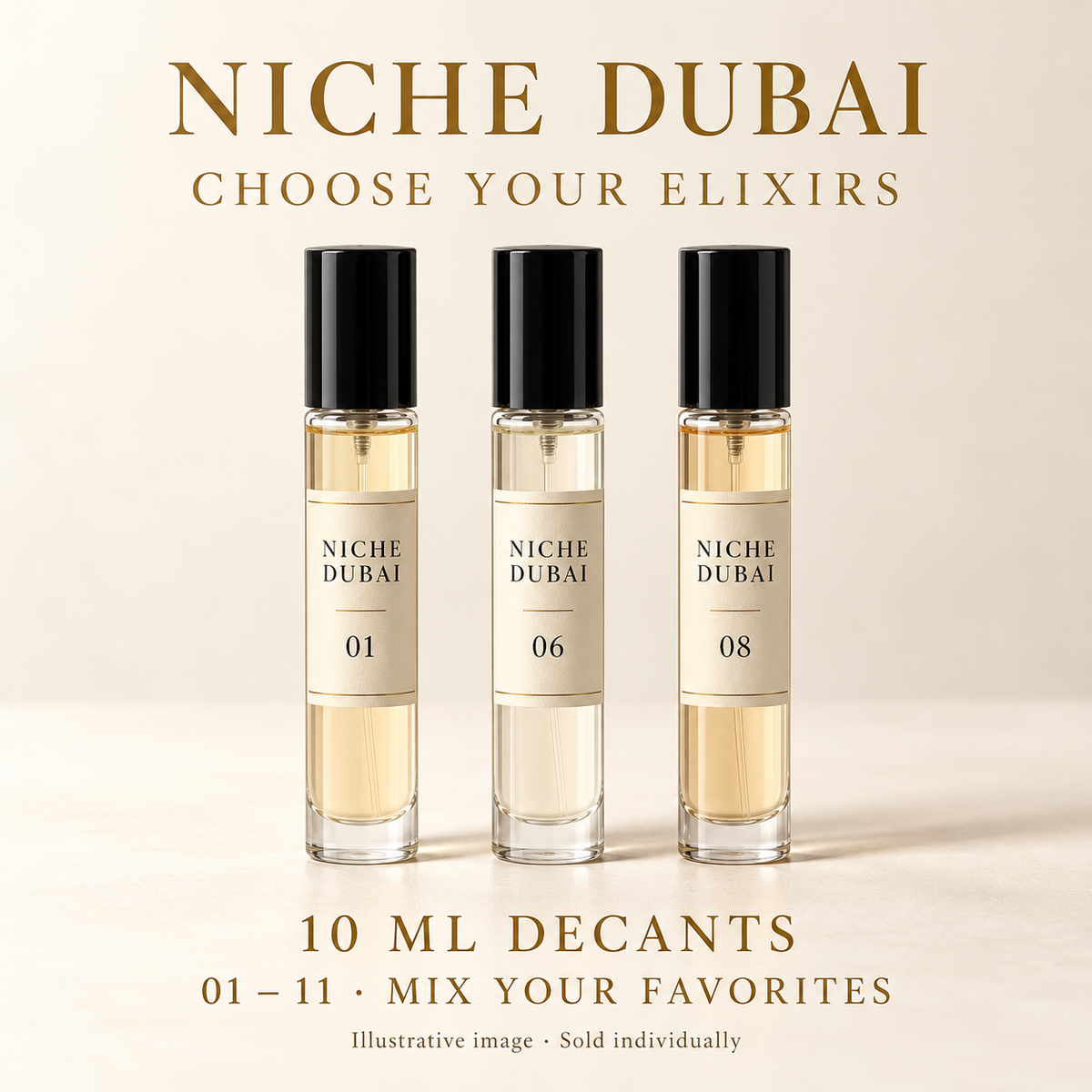 Niche Dubai 10 ml perfume decants, showing Elixirs 01, 06 and 08 in travel spray bottles on an ivory background.