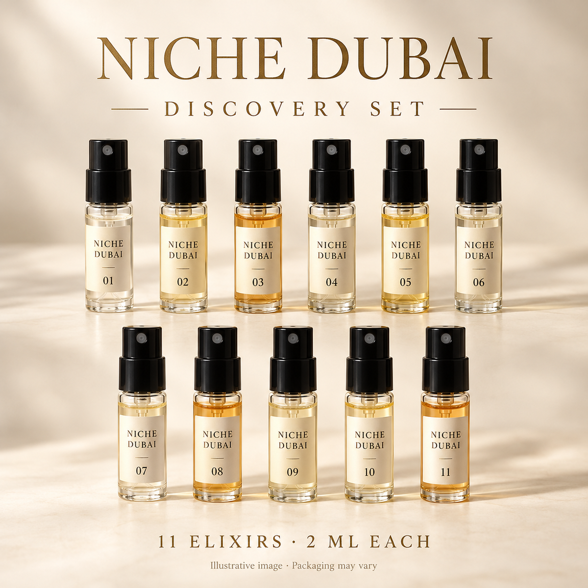 Niche Dubai Discovery Set with eleven 2 ml fragrance samples, Elixirs 01–11, arranged in two rows on an ivory background.