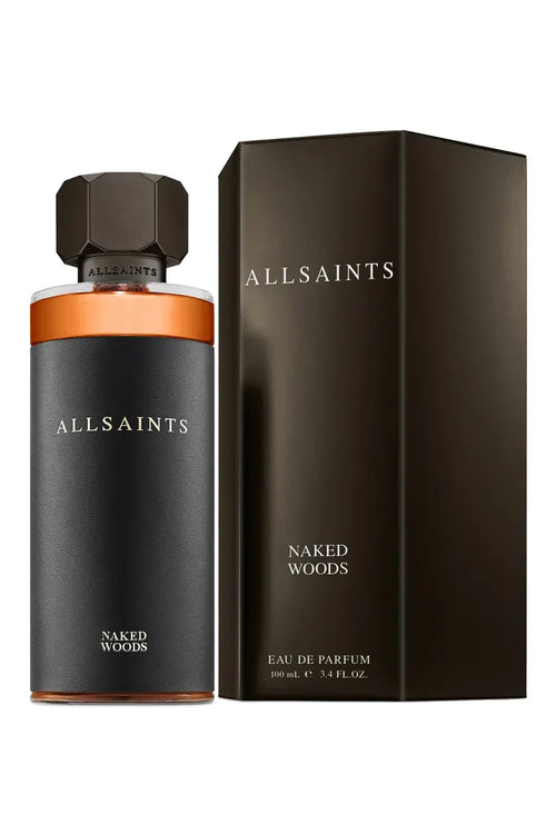 AllSaints Naked Woods eau de parfum bottle and packaging on a white background