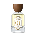 Niche Dubai 01 Elixir perfume bottle with a wooden cap and gold label on a white background
