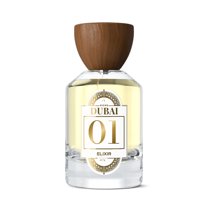 Niche Dubai 01 Elixir perfume bottle with a wooden cap and gold label on a white background