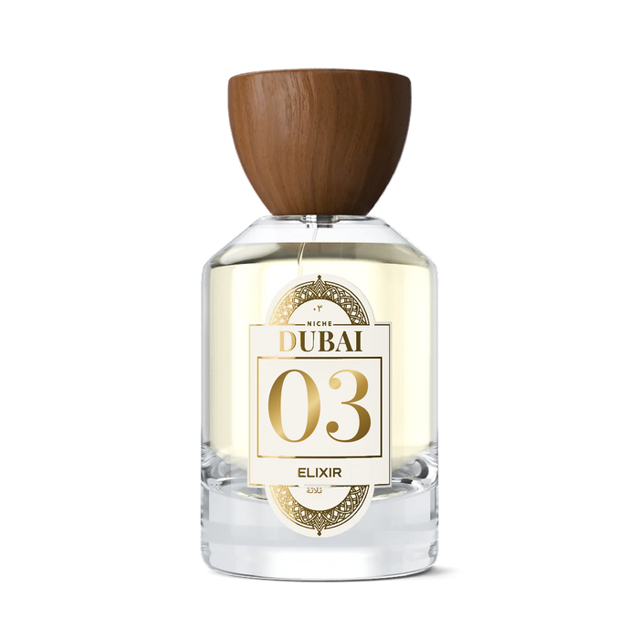 Niche Dubai 03 Elixir perfume bottle with a wooden cap and gold label on a white background
