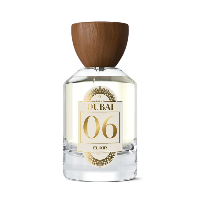 Niche Dubai 06 Elixir perfume bottle with a wooden cap and gold label on a white background