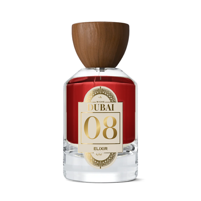 Niche Dubai 08 Elixir perfume bottle with a wooden cap and gold label on a white background